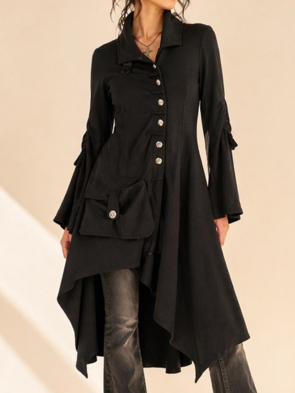Y2K Gothic Redingote Coat Asymmetrical Button Jacket Lightweight Elloquent Sz M - Picture 2 of 16